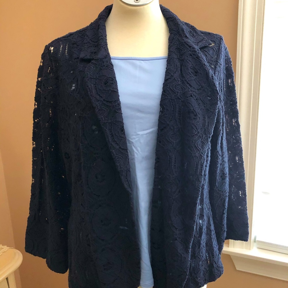 For Cynthia Navy Floral Lace Open-Front Blazer